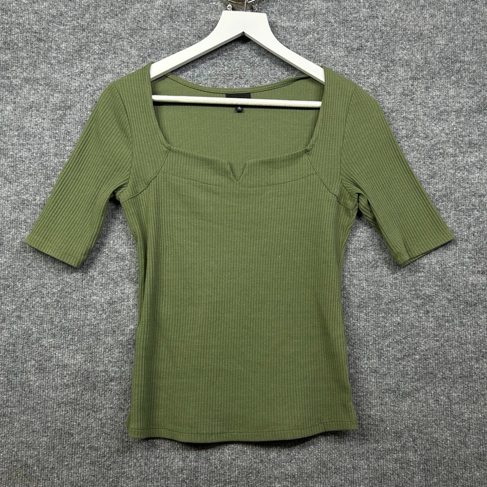 Who What Wear Top Women's Green Ribbed Notch Sweetheart Neck Casual - Small